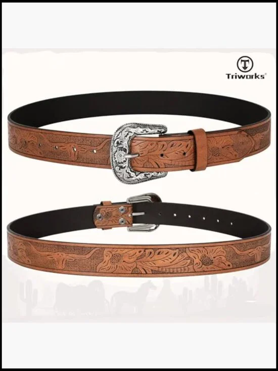 Vintage Western Belt Adjustable Floral Buckle PU Leather Cowboy Cowgirl Style - Picture 5 of 7